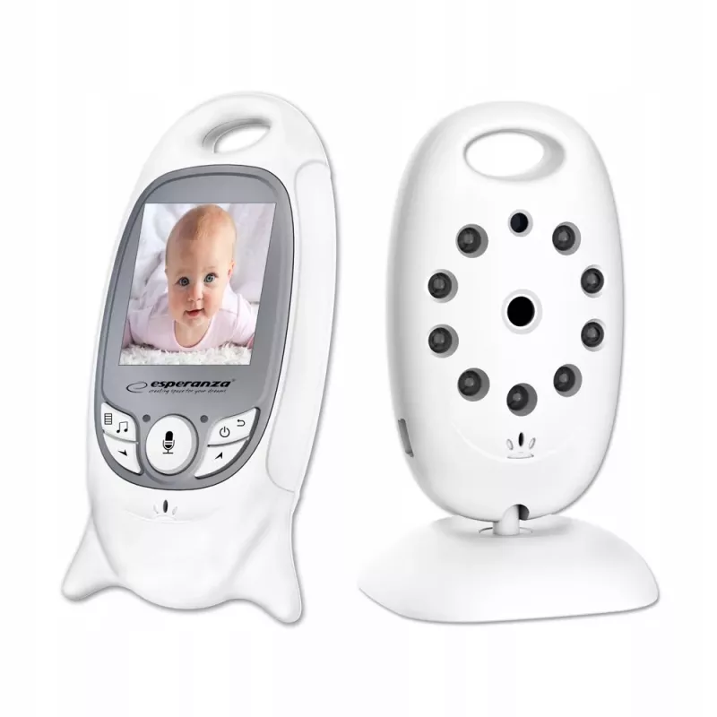 Video bērnu monitors ESPERANZA EHM001 — 2 collu LCD, 320×240 video, nakts redzamība 5 m, temperatūras sensors, darbības rādiuss līdz 260 m, uzlādējams LiPo 540 mAh