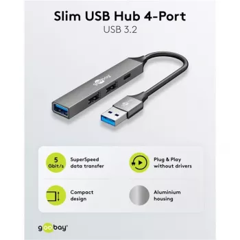Goobay Slim 4-Port USB-Hub, USB-A uz USB-C™/USB-A, USB 3.2 (74458)