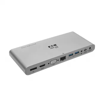 Eaton Tripp Lite USB-C dokstacija, trīs displeji - 4K HDMI/DisplayPort, VGA, USB 3.2 Gen 1, USB-A/USB-C centrmezgls, GbE, 100W PD uzlāde, starptautiskie strāvas kabeļi - dokstacija - USB-C