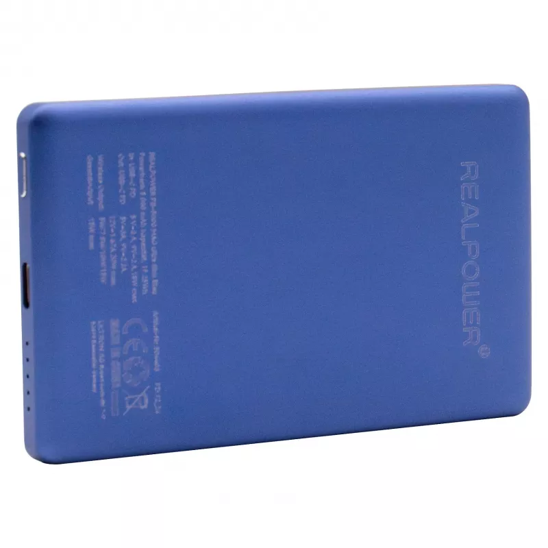 Ārējais akumulators RealPower PB-5000 MAG 5000 mAh ar MagSafe saderīgu bezvadu uzlādi, USB-C, 20 W izejas jauda, zils