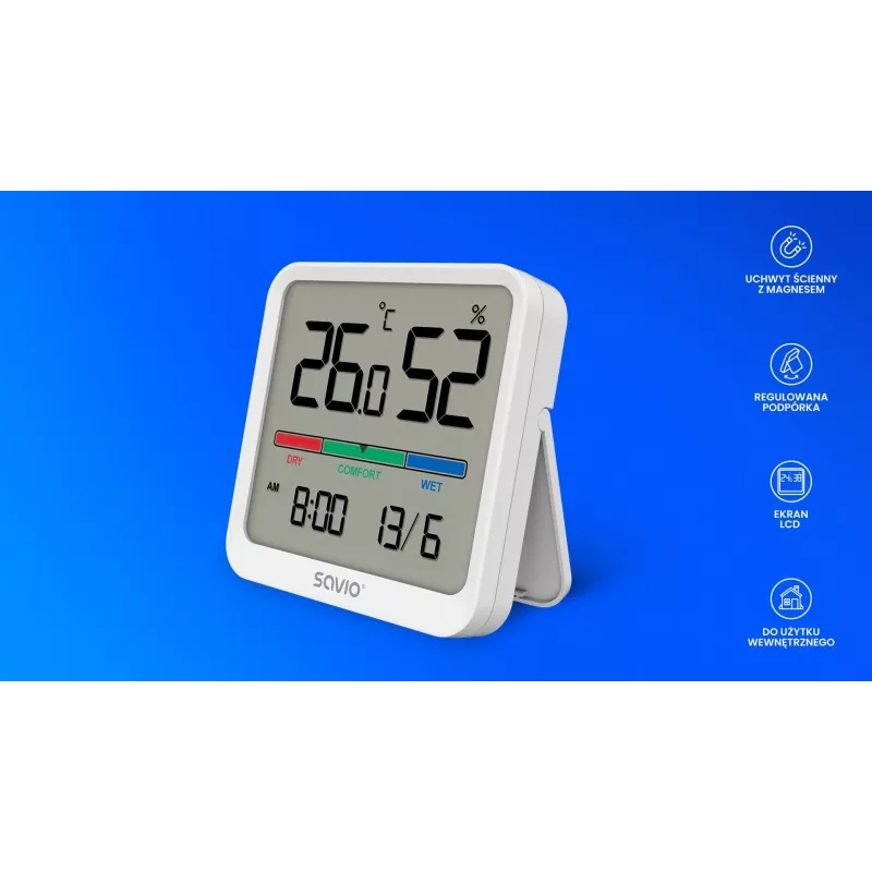 Iekštelpu temperatūras un mitruma sensors SAVIO CT-01/W, LCD displejs, -10–55°C, 10–99%RH, baterija CR2032