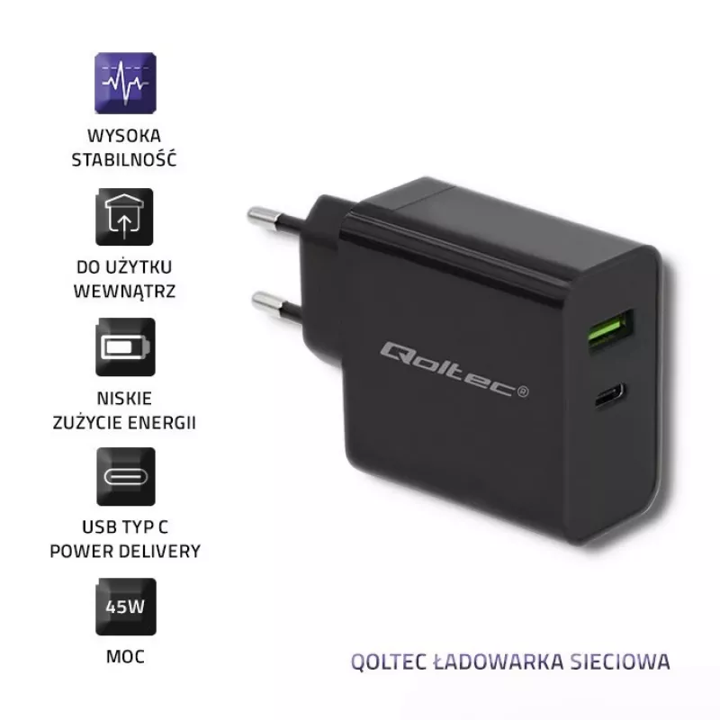 Strāvas adapteris QOLTEC 51717 45W 20V 3A maiņstrāvas iekštelpu lādētājs viedpulkstenim, melns