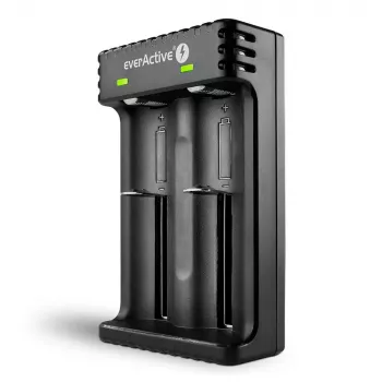 Bateriju lādētājs everActive LC200 mājsaimniecības USB, 2 nodalījumu, Li-Ion, atbalsta A/AA/AAA/AAAA/C/D, 5 V ieeja, 4.2 V izeja, melns