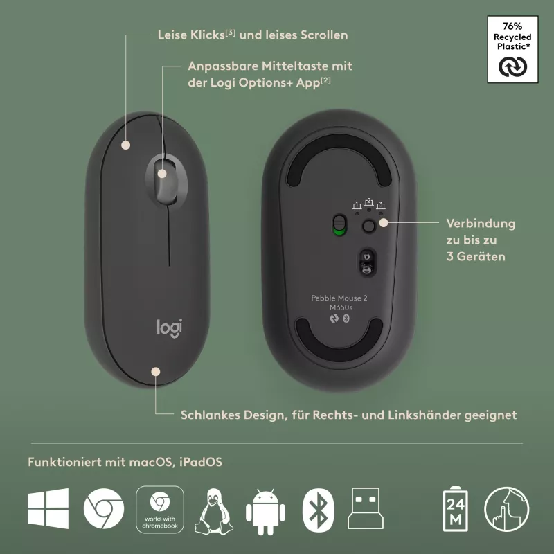 Logitech Pebble 2 Combo bezvadu tastatūra un pele QWERTZ vācu grafīta krāsā