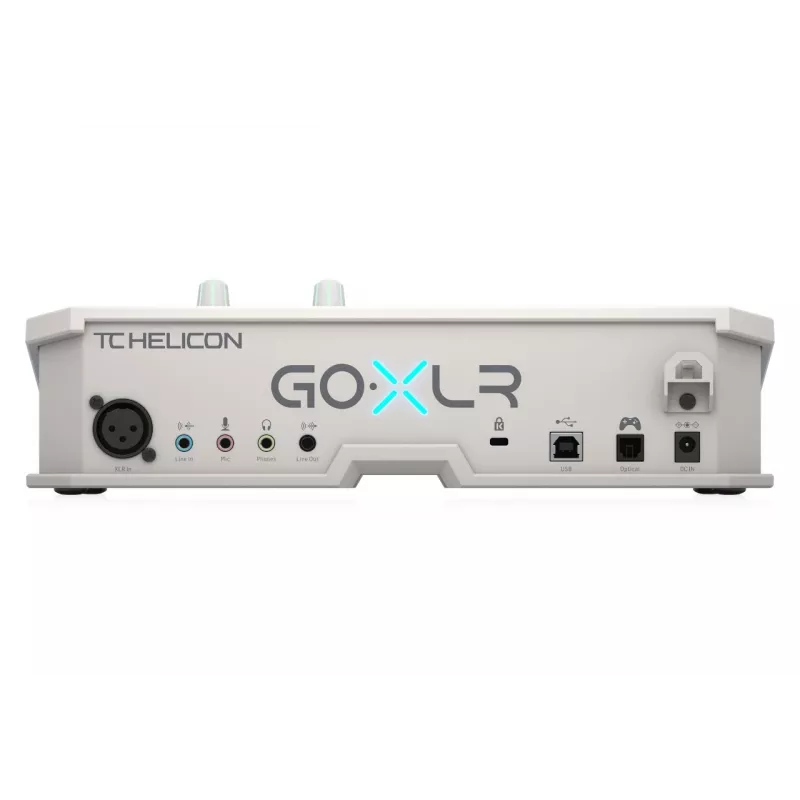 USB audio mikseris TC‑Helicon GO XLR‑WH balts — 1 XLR mikrofona ieeja, USB‑B, 48 V fantoma barošana, 24‑bit/48 kHz, optiskā izeja