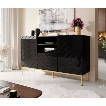 ABETO kumode uz zelta krāsas tērauda rāmis 150x42x90 melns/melns glancēts