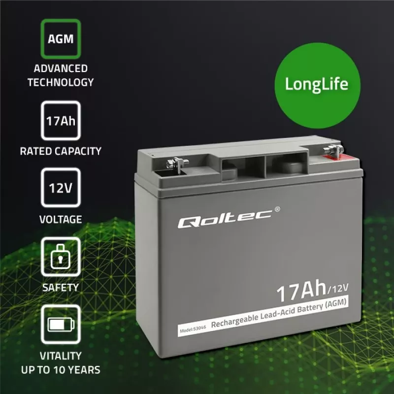 Qoltec 53046 AGM akumulators 12 V 17 Ah, maks. 255 A