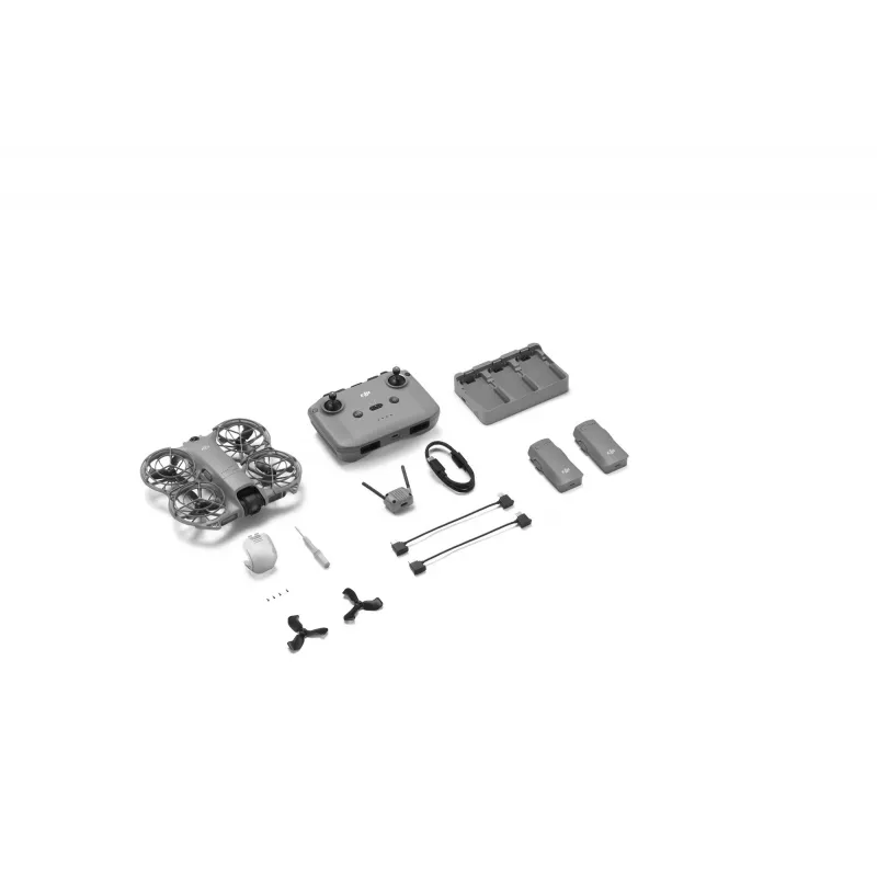 Kvadrokoptera drons DJI Neo 2 Fly More Combo — 4 rotori, 12 MP kamera, 2688×1512 video, 1606 mAh akumulators, 49 GB iekšējā atmiņa, melns/pelēks