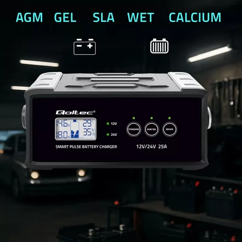 Baterijas lādētājs QOLTEC 52514 — 12V/24V, 25A, AGM/GEL/SLA baterijām ar LCD displeju