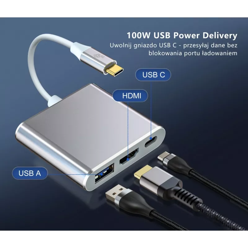 USB C adaptera centrmezgls TB AKTBXVAU3HMPDAV — 3-in-1: HDMI + USB-A + USB-C PD, sudraba