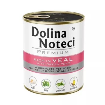 Mitrā suņu barība Dolina Noteci Premium teļa gaļa ar zaļajiem zirnīšiem, 800 g, 78% mitrums, 12% olbaltumvielas