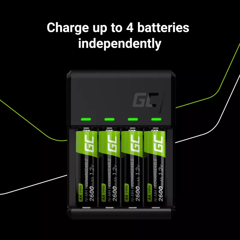 Baterijas lādētājs zaļa Cell GC VitalCharger USB, 4 slotu, AA/AAA, darbināms ar USB, melns