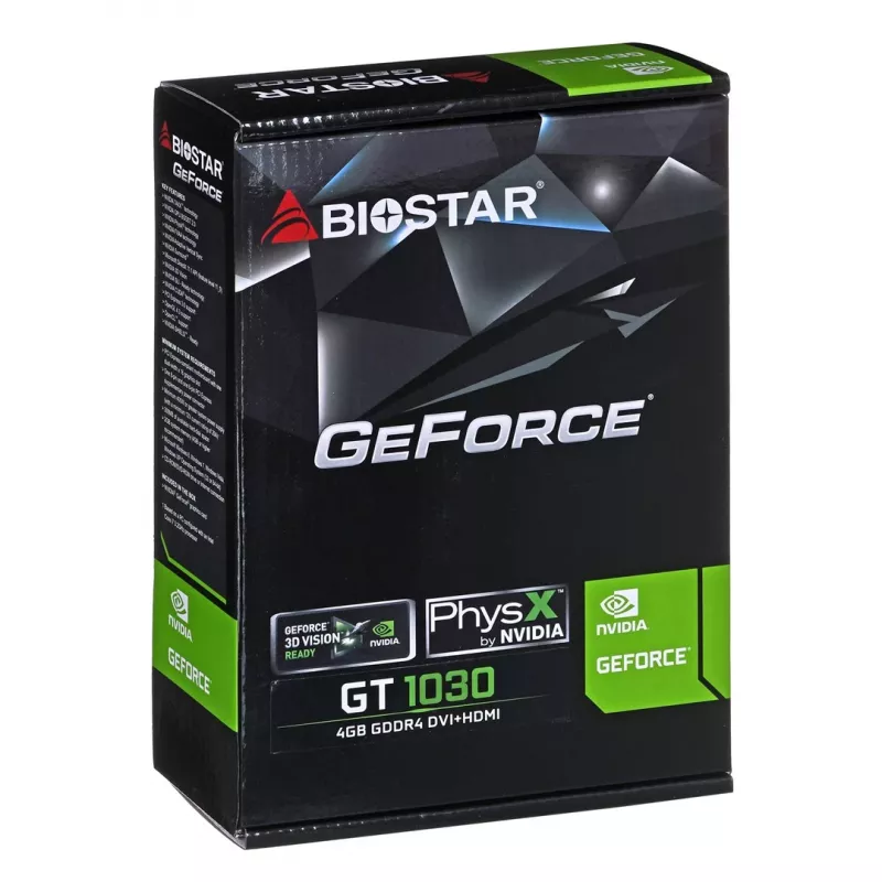 Grafikas karte BIOSTAR GeForce GT 1030 — 4 GB GDDR4, 64 bitu, PCIe x16 4.0, aktīvā dzesēšana, DVI-D + HDMI