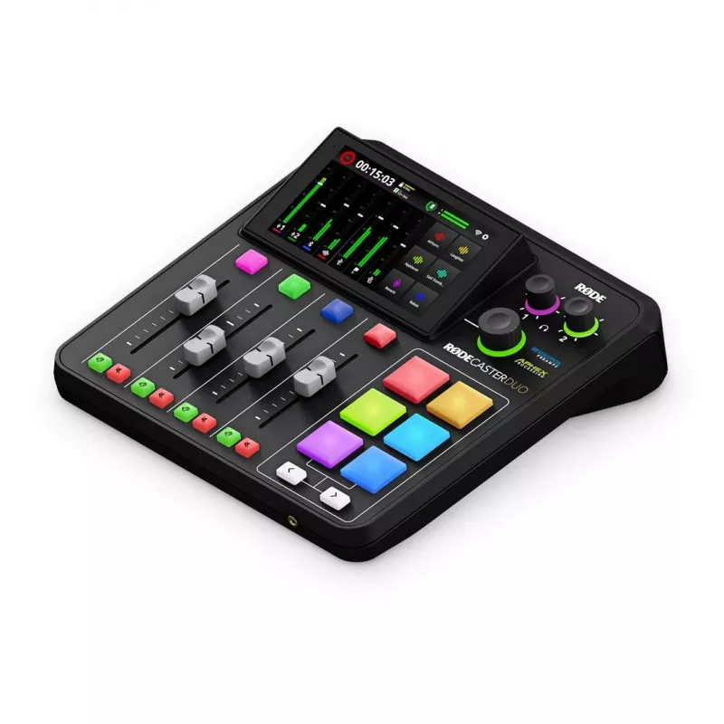 Studijas kontrolieris RØDE Caster Duo Melns — 2 kombi XLR/TRS, 2 TRS līnijas izejas, 48 kHz, 24 bitu, skārienjutīgais ekrāns, Wi‑Fi, Bluetooth