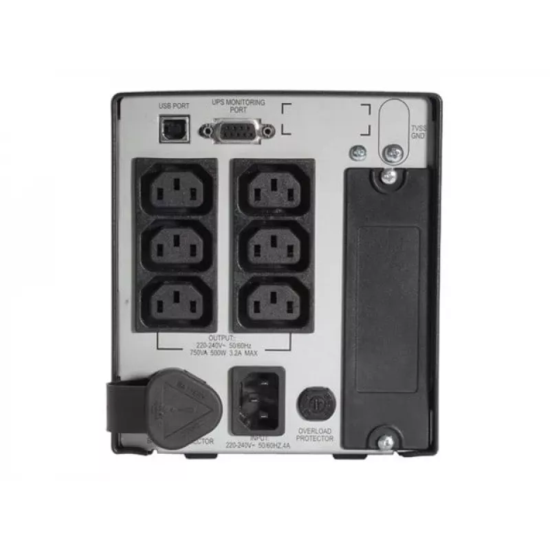 APC Smart UPS 750VA 230V USB ar UL apstiprinājumu, 0,75 kVA, 500 W, 50/60 Hz, 340 J, IEC 60320, 4,8 min