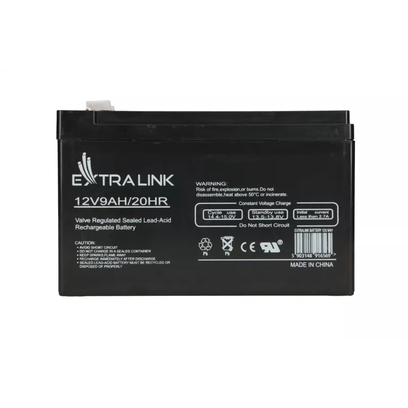 Hermētiska svina-skābes (VRLA) baterija 12V 9Ah Extralink – AGM, 1 gab., melna