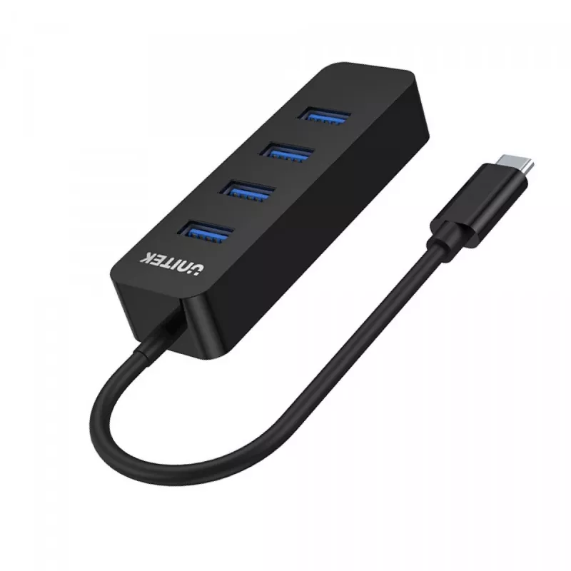 USB centrmezgls Unitek uHUB Q4 — 4 portu USB 3.2 Gen 1 (Type-A) centrmezgls, USB-C resursdators, 5 Gbit/s, 10 W, melns