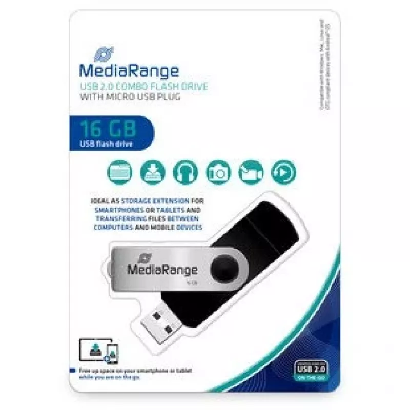 MEDIARANGE MR931-2 - 16 GB - USB Type-A / Micro-USB - 2.0 - 15 MB/s - grozāmais gredzens - Sudraba - Melns