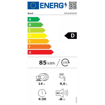 Bosch trauku mazgājamā mašīna | SMU4HMW02S | Iebūvējama | Platums 60 cm | Galda klājumu skaits 14 | Programmu skaits 6 | Energoefektivitātes klase D | Displejs | AquaStop funkcija | Balta