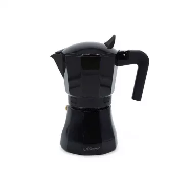 Moka katliņš Maestro MR-1658-3 — alumīnija plīts kafijas automāts, 3 krūzes (0,15 L), melns, ar salokāmu vāku