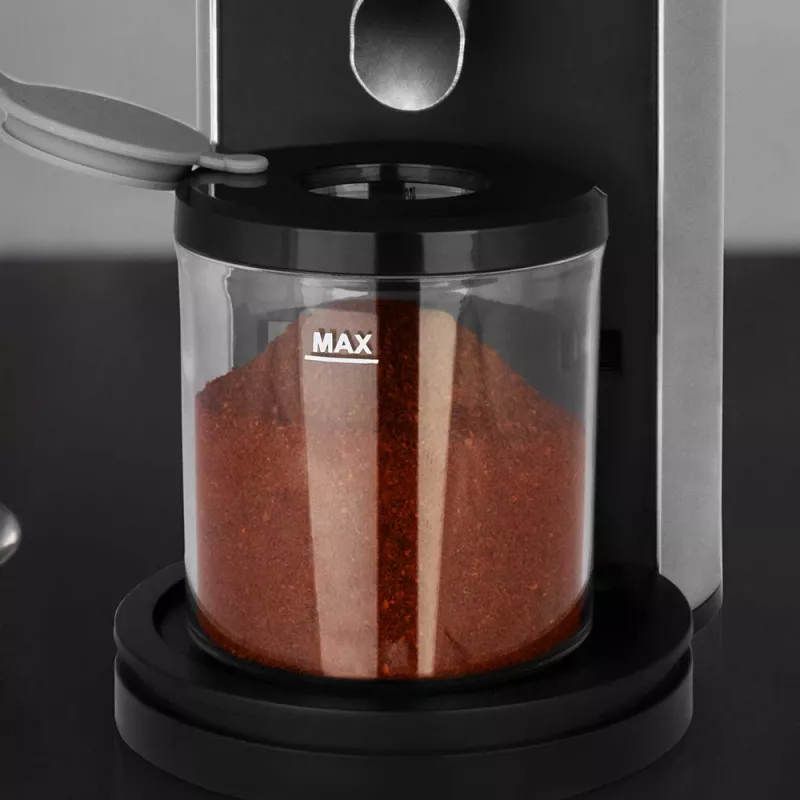 Burr coffee grinder GASTROBACK Design Pro Touch 30 — koniska dzirnakmens, 300 g tvertne, 150 W, melna/caurspīdīga