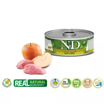 Mitrā kaķu barība Farmina N&D Prime Boar & Apple paciņa 70 g — pieaugušiem kaķiem, 13% olbaltumvielu, 75% mitruma, bez glutēna
