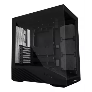 PC Case Lian Li Vector V100 Midi Tower — Melns ar caurspīdīgu paneli, atbalsta 3×120mm sānu + 1×120mm aizmugurējo ventilatoru, 3,5 collu HDD, 2,5 collu SSD, 235,5×446×484,6 mm