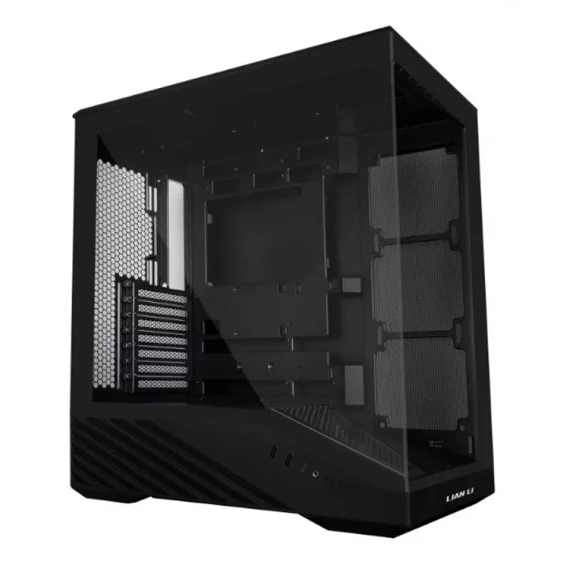 PC Case Lian Li Vector V100 Midi Tower — Melns ar caurspīdīgu paneli, atbalsta 3×120mm sānu + 1×120mm aizmugurējo ventilatoru, 3,5 collu HDD, 2,5 collu SSD, 235,5×446×484,6 mm