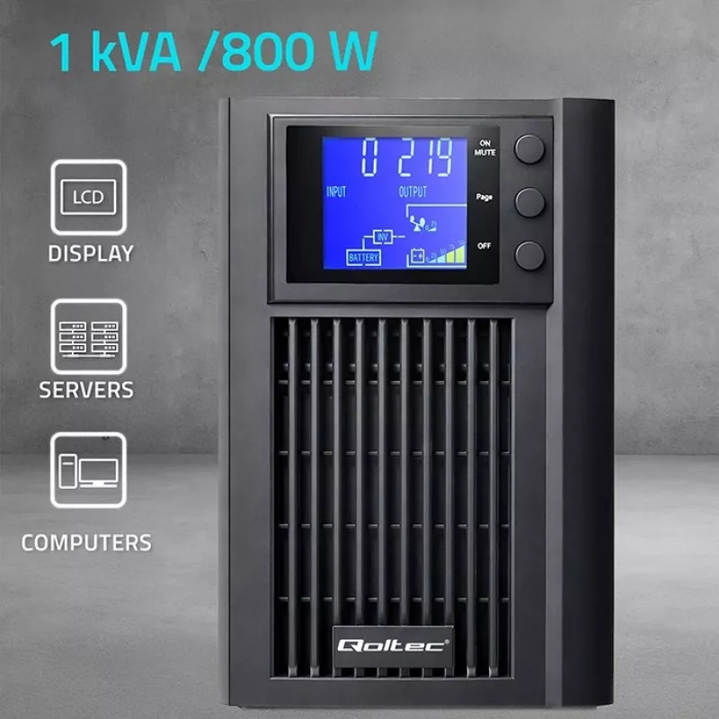 UPS QOLTEC Pure Sine Wave 1kVA 800W ar AVR un LCD displeju