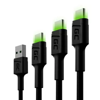 USB-C kabeļu komplekts zaļa Cell GC Ray — USB A uz USB C 3 garumi (30 cm, 120 cm, 200 cm), USB PD, 480 Mbps, 2,4 A, melns
