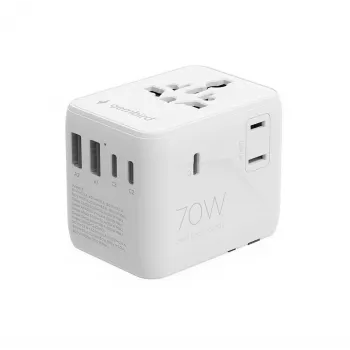 Ceļojumu adapteris GEMBIRD TPA-2A3C70-01-W — I tipa spraudnis, 3× USB-C (70W), 2× USB-A (18W), 100–250V, balts