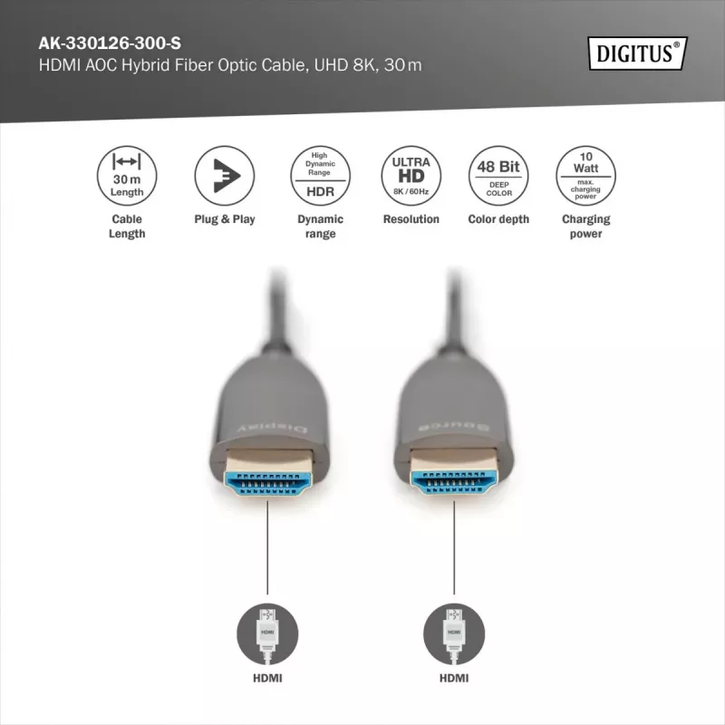 HDMI AOC hibrīda optiskās šķiedras kabelis Digitus AK-330126-300-S