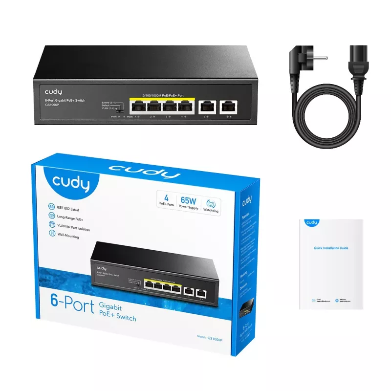 Tīkla slēdzis Cudy GS1006P Nevadāms Gigabit Ethernet 6-portu PoE, 12 Gbit/s, 2048 MAC, Melns