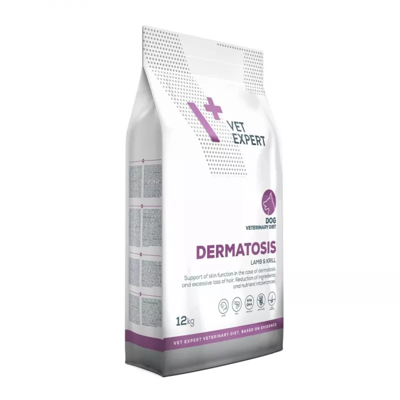 Sausā suņu barība VETEXPERT Dermatosis Lamb & Krill 12 kg — veterinārā diēta ādas stāvokļiem, olbaltumvielas 24%, tauki 17%