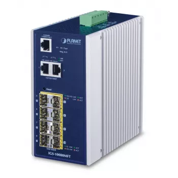 Pārvaldāms tīkla slēdzis PLANET IGS-10080MFT — 2 x Gigabit RJ-45, 8 x SFP, 12–48V DC, Pārvaldāms, IP30