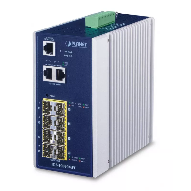 Pārvaldāms tīkla slēdzis PLANET IGS-10080MFT — 2 x Gigabit RJ-45, 8 x SFP, 12–48V DC, Pārvaldāms, IP30