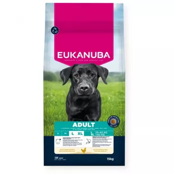 Sausā suņu barība EUKANUBA Adult Large Chicken 15 kg — pilnvērtīga sausā barība pieaugušiem lielo šķirņu suņiem, vistas gaļas garša, 15 kg