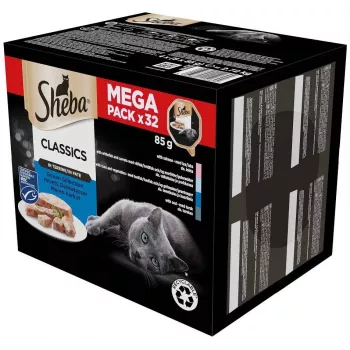 Mitrā kaķu barība paplātē Sheba Pate — Baltā zivs / Zivs / Lasis / Tuncis, 32×85 g, 10% olbaltumvielu, 81% mitruma