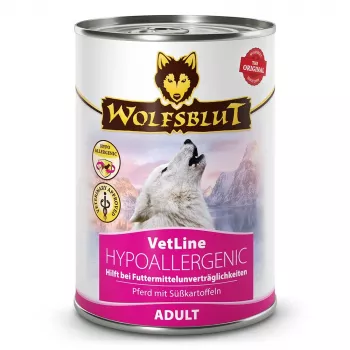 Mitrā suņu barība Wolfsblut VetLine Hypoallergenic Horse 395 g bundža, pilnvērtīga barība pieaugušiem suņiem, olbaltumvielas 10%, tauki 4,5%, mitrums 80%