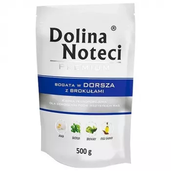 Mitrā suņu barība dolina noteci Premium bagāta ar mencu un brokoļiem 500 g — pilnvērtīga mitrā barība pieaugušiem suņiem