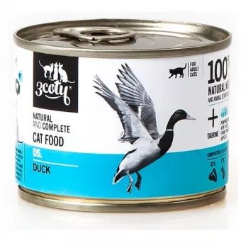 Mitrā kaķu barība 3coty Duck 180 g — pilnvērtīga bezgraudu konservēta mitrā barība pieaugušiem kaķiem, olbaltumvielas 15%, tauki 10%, mitrums 72,8%