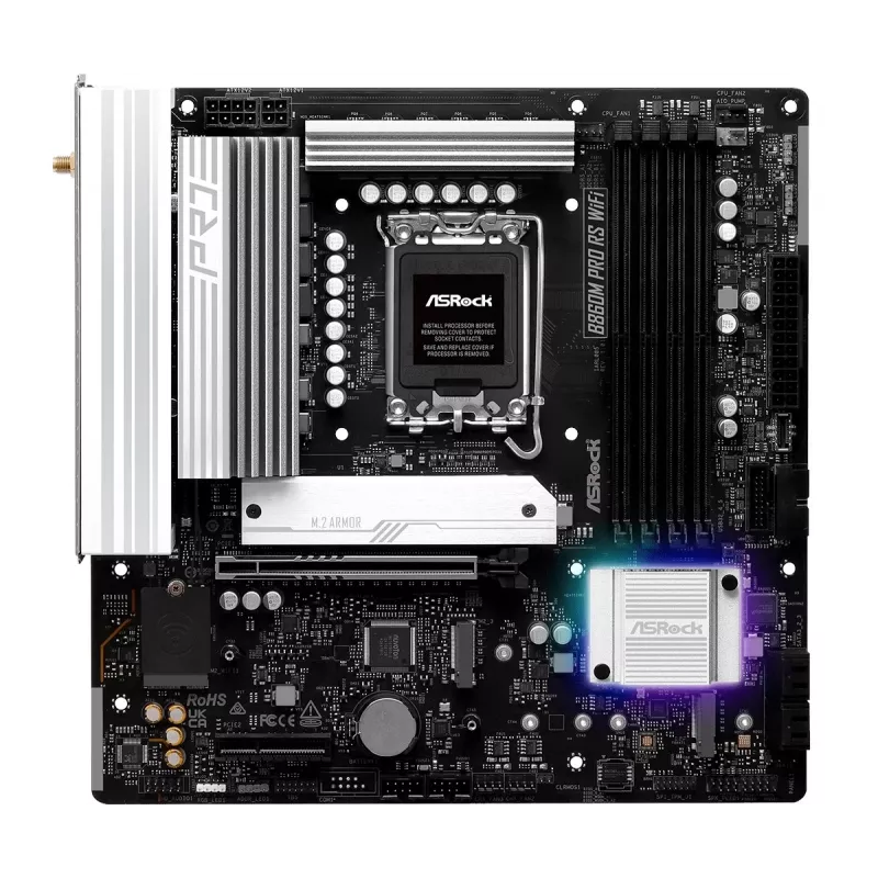 Mātesplate ASRock B860M Pro RS WiFi — Intel B860, LGA 1851, micro ATX, DDR5, 4 DIMM, 3x M.2, 2.5Gb LAN, Wi‑Fi, Bluetooth