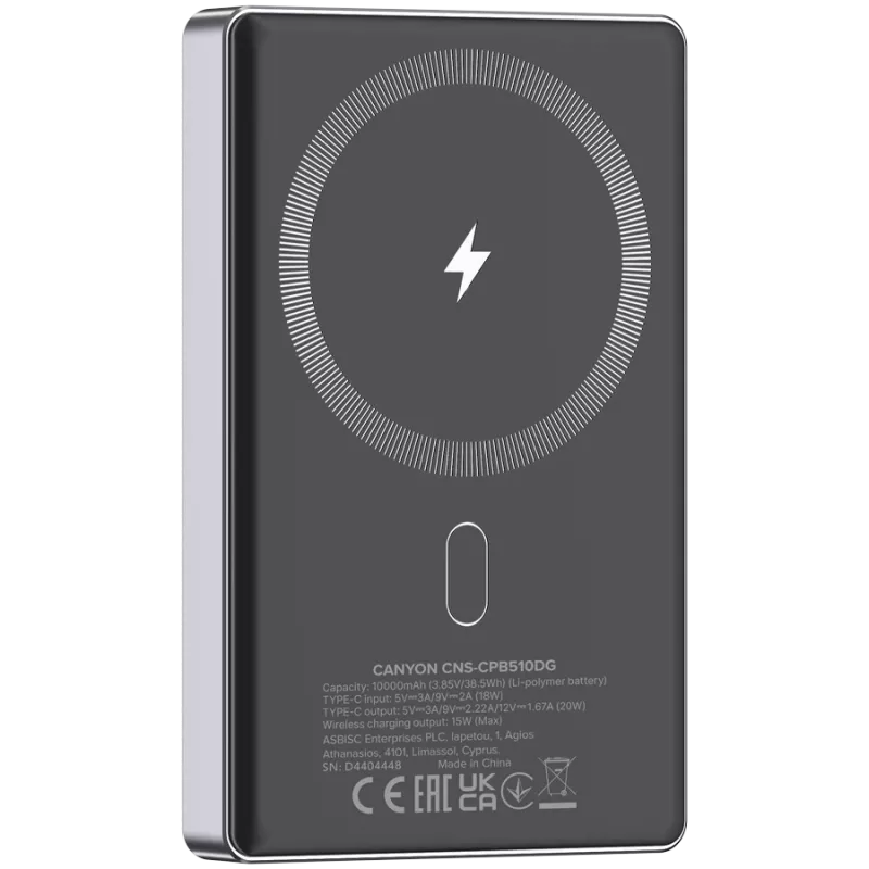 Canyon OnCharge 510 - Powerbank - 10.000 mAh - ieeja USB-C - izeja USB-C PD 20W + bezvadu magnētiskais