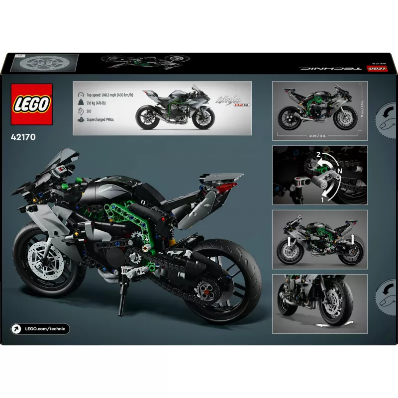 LEGO Technic motocikla modelis Kawasaki Ninja H2R 42170 — 1:1 mēroga replika, 643 detaļas, instrukciju lapa, no 10 gadiem
