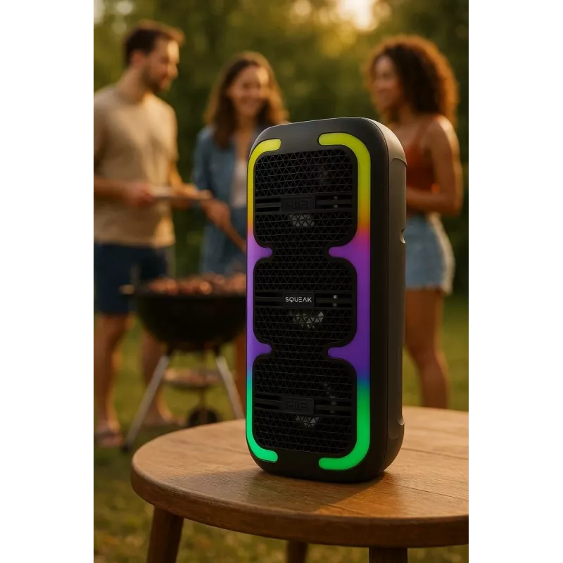 Pārnēsājams stereo skaļrunis SQUEAK SQ1009 — Bluetooth 5.3, 45 W RMS, 10 stundu akumulators, FM, USB, AUX, LED, 1800 mAh, melns
