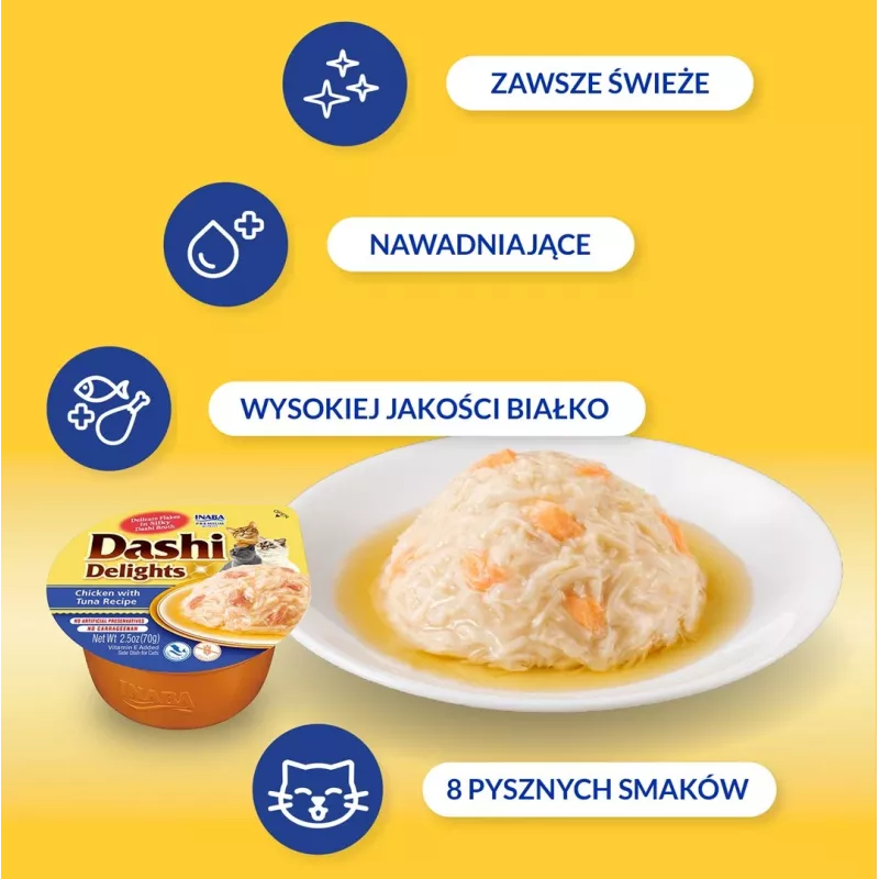 Kaķu kārums INABA Dashi Delights vistas un tunča buljona garšā, 70 g paplātē, bez graudiem, bez lipekļa, bez sojas