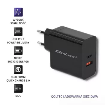 Barošanas adapteris QOLTEC 51716 — maiņstrāva 220–240 V līdz 20 V 3 A (63 W), melns, iekštelpu universāls lādētājs