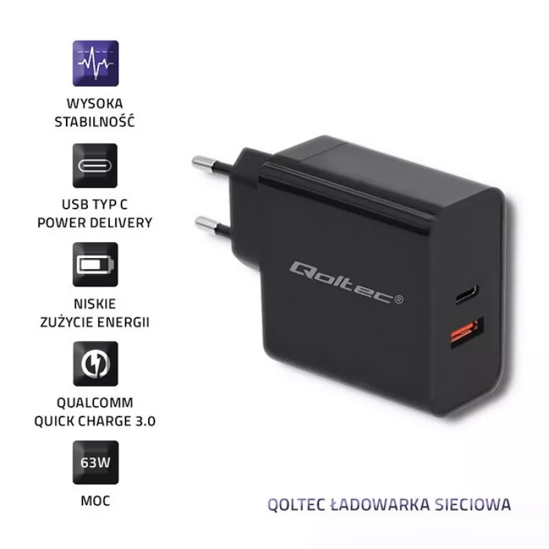 Barošanas adapteris QOLTEC 51716 — maiņstrāva 220–240 V līdz 20 V 3 A (63 W), melns, iekštelpu universāls lādētājs