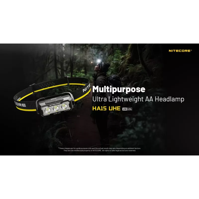 Galvas lukturis Nitecore HA15 UHE – kompakts brīvroku apgaismojums, max 400 lūmeni