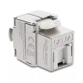 Keystone modulis DELOCK RJ45 uz LSA Cat.6A ekranēts, bez instrumenta, plakans, sudraba/baltā krāsā, ar putekļu vāciņu